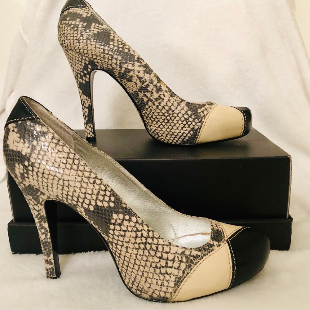 Cream and Black Leather Snake Skin Platform Heels